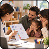 A teacher sharing a progress report with parents and their daughter